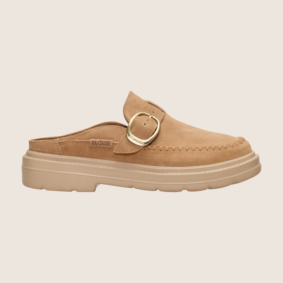 HEYDUDE Sienna Clog in tan suede with a gold buckle
